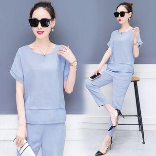 Set: Crew-neck Short-sleeve T-shirt + Plain Cropped Pants