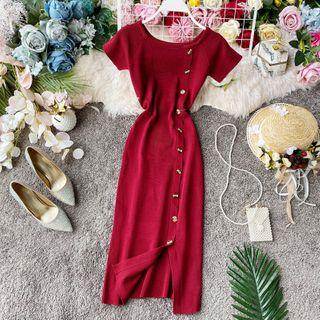 Short-sleeve Button Detail Midi Sheath Knit Dress