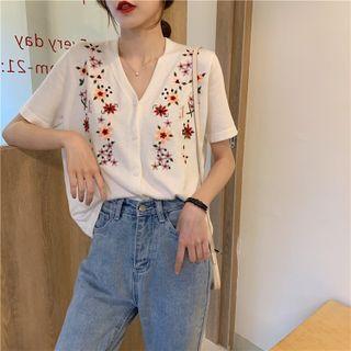 Short-sleeve V-neck Flower Embroidered Cropped Top