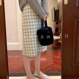 Plaid Midi Fitted Knit Skirt