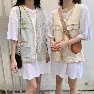 Elbow-sleeve Plain T-shirt / Tweed Vest