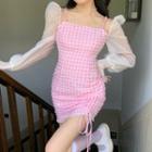 Mesh Panel Gingham Mini Bodycon Dress Pink - One Size