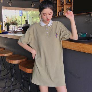 Embroidered Elbow-sleeve Polo Shirt Dress