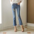 Rose-embroidered Distressed Boot-cut Jeans