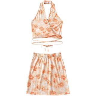 Halter Floral Crop Tank Top / Mini A-line Skirt