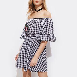 Off Shoulder Floral Embroidered Gingham Sheath Dress