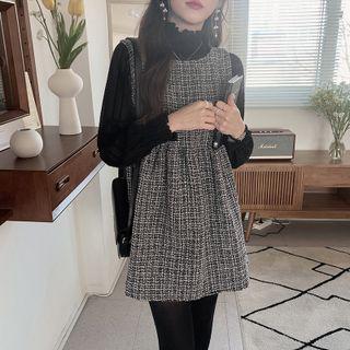 Lantern-sleeve Mock-neck Lace Top / Plaid Mini A-line Overall Dress