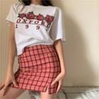 Short-sleeve Letter Print T-shirt / Plaid Fitted Mini Skirt