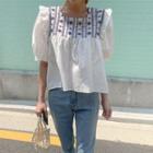 Puff-sleeve Embroidered Blouse Ivory - One Size