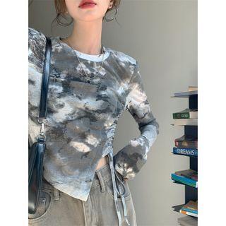 Long-sleeve Tie-dyed Drawstring Slim-fit Top