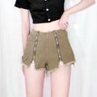 Zip-accent Fray-hem Denim Shorts