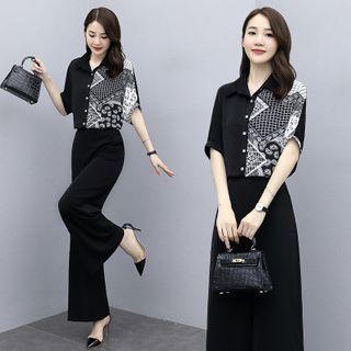 Set: Asymmetric Printed Short-sleeve Blouse + Wide-leg Pants