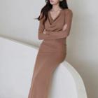 V-neck Plain Midi Bodycon Dress