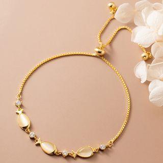 Rhinestone Cat Eye Stone Sterling Silver Bracelet Gold - One Size