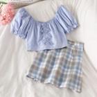 Bow Puff-sleeve Cropped Blouse / Plaid Mini A-line Skirt
