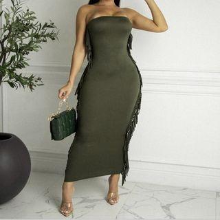 Strapless Fringe Maxi Sheath Dress