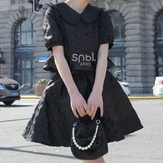 Puff-sleeve Double-breasted Blouse / A-line Skirt