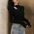 Long-sleeve Cutout Mock-neck Fitted Top