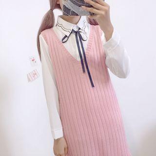 Tie-neck Shirt / Knit Pinafore Dress