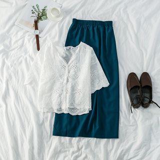 Set: Eyelet Lace V-neck Shirt + Plain Skirt