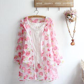Set: Spaghetti Strap Top + Hooded Fruit Print Buttoned Light Jacket