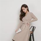 V-neck Tie-waist A-line Knit Dress