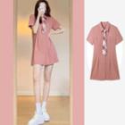 Set: Short-sleeve Logo Shirtdress + Plaid Neck Tie