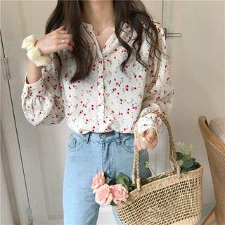 Long-sleeve Flora Print Chiffon Blouse As Shown In Figure - One Size