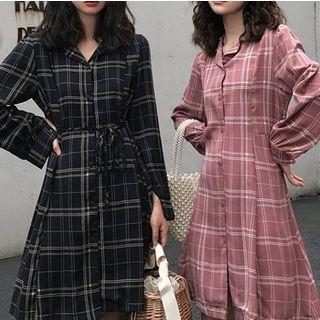 Tie-waist Long-sleeve Plaid Shirtdress