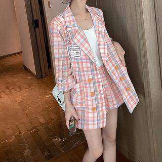 Set: Plaid Single-breasted Blazer + High-waist Wide-leg Shorts