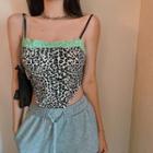 Lace Trim Leopard Sleeveless Cropped Top As Shown In Figure - One Size