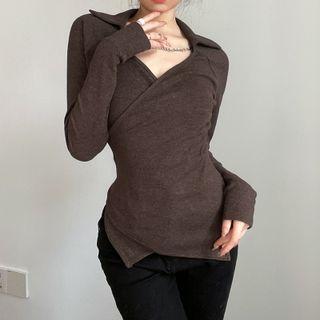Long-sleeve Open-collar Irregular Knit Top