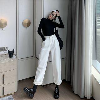 Mock-neck Long-sleeve Top / High Waist Straight-cut Jeans