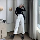 Mock-neck Long-sleeve Top / High Waist Straight-cut Jeans