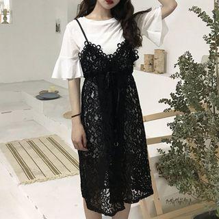 Set: Short-sleeve Top + Spaghetti Strap Lace Midi Dress
