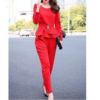 Set: Long-sleeve Peplum Top + Pants