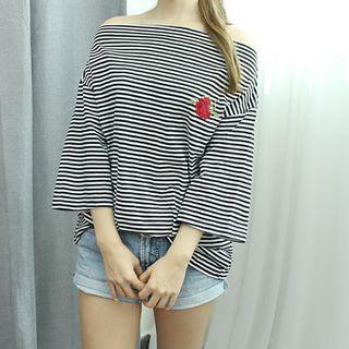 Rosette-embroidered Stripe Off-shoulder T-shirt