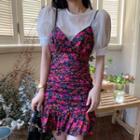 Plain Puff-sleeve Blouse / Flower Print Mini Pinafore Dress