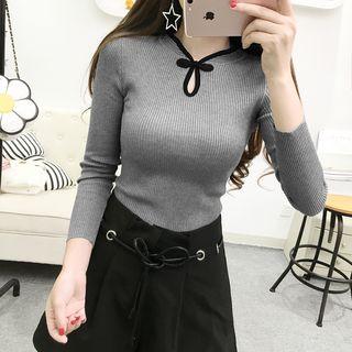 Frog-button Keyhole Knit Top