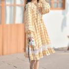 Gingham Lace Trim Long-sleeve A-line Choker Dress