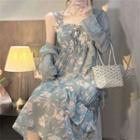 Sleeveless Floral Midi A-line Dress / Cropped Light Jacket
