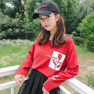 Long-sleeve Rose Print T-shirt Red - One Size