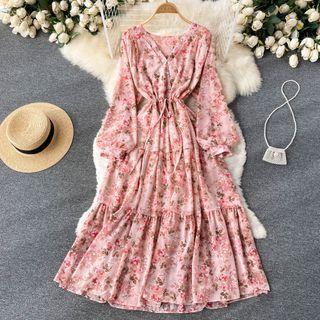 V-neck Lace-up Strap Floral Puff-sleeve Dress