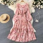 V-neck Lace-up Strap Floral Puff-sleeve Dress