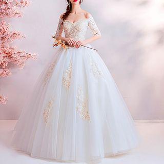 Elbow-sleeve Off Shoulder Wedding Gown