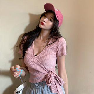 Short-sleeve Tie-front Ribbed T-shirt