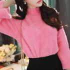 Set: Mock-neck Furry-knit Top + Mermaid Skirt Pink - One Size