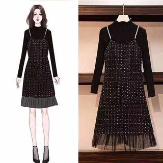 Set: Mock Neck Knit Top + Spaghetti Strap Plaid Dress