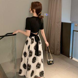 Set: Short-sleeve Tie-waist Crop Top + Dotted Midi A-line Skirt