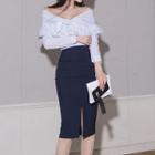 Set: Long-sleeve Striped Top + Slit-hem Pencil Skirt